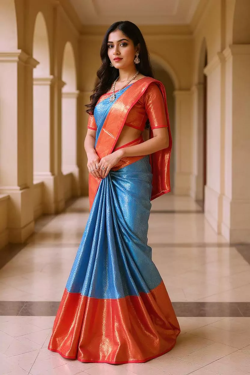 Sky Blue Brocade Design Big Contrast Border Kanchi Pattu Silk Saree