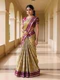 Beige Floral Hand Print Tussar Jute Saree