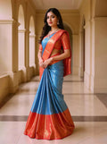 Sky Blue Brocade Design Big Contrast Border Kanchi Pattu Silk Saree