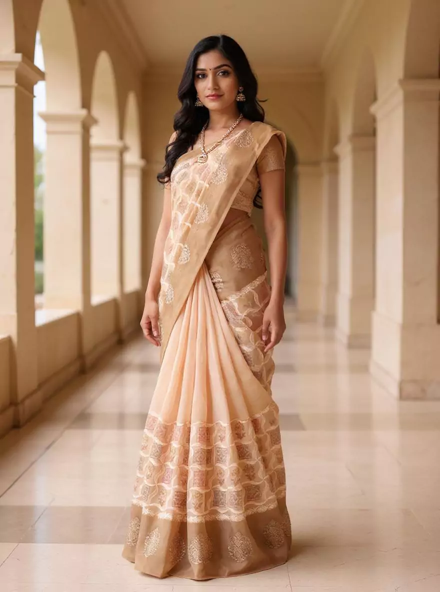 Orange Floral Golden Zari Kanchi Pattu Saree with Skut Border